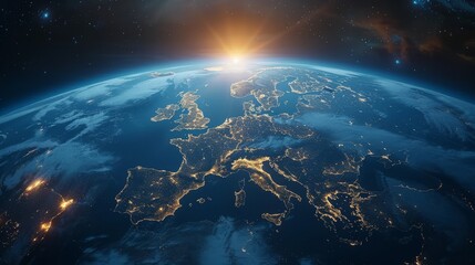 3d earth with visible cloud atmosphere and city lights in europe at night