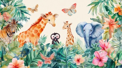 Sticker - Children's Watercolor Jungle Animals wallpaper