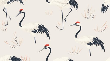 Wall Mural - A seamless pattern featuring elegant white cranes with black and red accents.