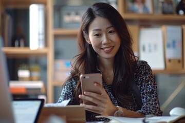 Aufkleber - A woman sits at a table looking at her cell phone, lost in thought