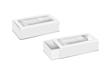 Wall Mural - white blank paper slider drawer box with clear plastic window. realistic 3d vector mock-up. cardboar