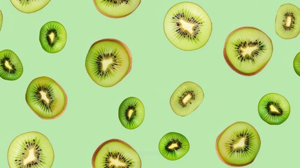 Fresh kiwi slices on a green background. Perfect for a healthy snack or a refreshing drink.