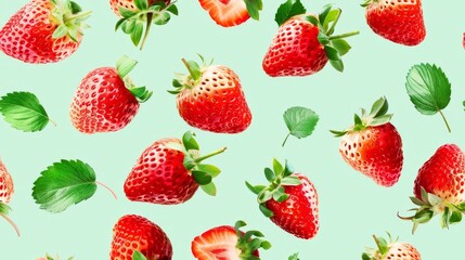 Fresh red strawberries and leaves on a light green background.