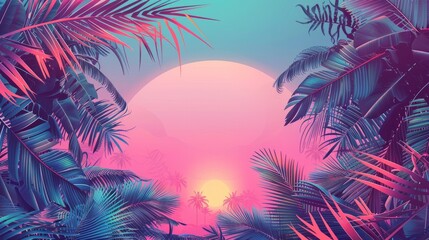 Tropical summer sunset background with silhouetted palm trees and vibrant orange sky – ideal for vacation, beach party, and travel-themed posters, flyers, invitations, and greeting cards – vector illu