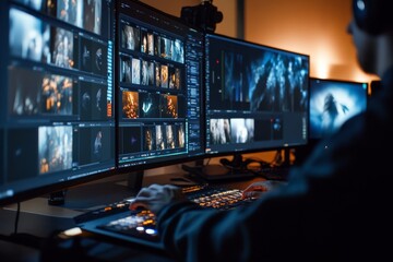 Poster - A dedicated editor adjusts visuals on multiple screens, immersed in the creative process in a well-lit editing room