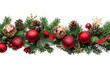 © Renata Hamuda - Red and gold Christmas baubles with pine cones on green garland on transparent background