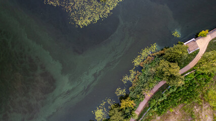 drone aerial view over Spandau Berlin in Germany over river HAvel on a sunny summer evening with sunset