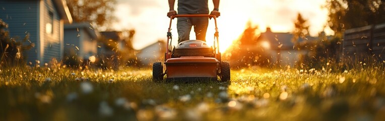 Sticker - Man Mows Lawn at Sunset Creating Serene Backyard Atmosphere