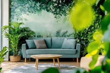 Cozy living room with a green sofa, natural decor, and lush plant backdrop, creating a serene and fresh atmosphere.