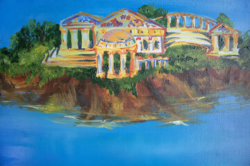 Archaic Greece ancient temple. Classical architecture fine art illustration with space for text. Colorful seascape.