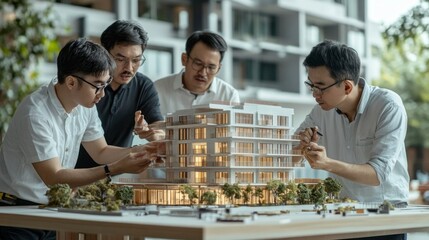 Poster - Four men are working on a model of a building
