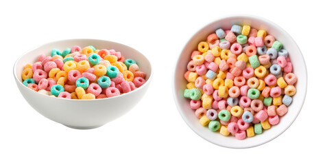 Bowl of Childrens Sugar Cereal with Milk side and top view, isolated on a transparent background