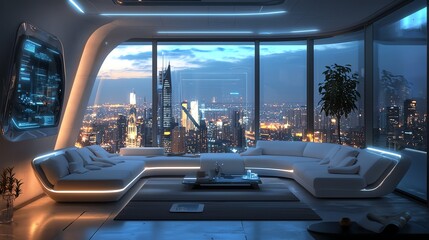 Wall Mural - Modern living room with panoramic city view, elegant furniture, and futuristic lighting. Perfect for urban lifestyle themes.