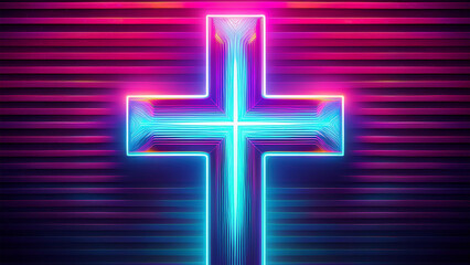 A neon cross in a cyberpunk atmosphere on a dark background exposing the cross. 4K illustration