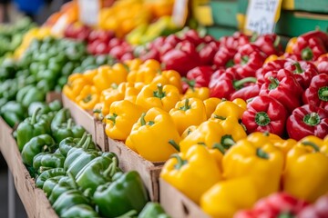 Wall Mural - Colorful bell peppers in various shades are arranged neatly at a farmers market, inviting shoppers to explore fresh produce on a sunny day