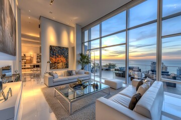 Stunning modern living room with panoramic ocean view, stylish furniture, and natural light creating an inviting atmosphere.