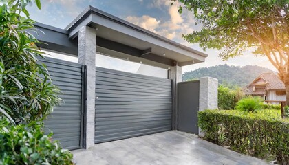 grey ,house, steels sliding doors aluminum gate at modern house entrance