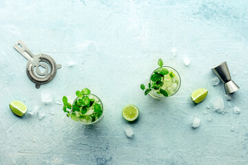 Poster - Mojito cocktail. Summer cold drink with lime, fresh mint, and ice. Cool beverage, overhead flat lay shot with mixing accessories