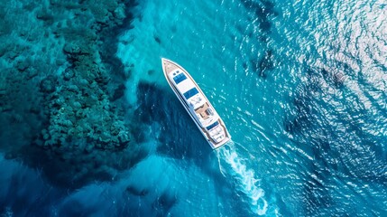 Luxury yacht sailing on crystal clear turquoise water – aerial top view of a summer seascape with vibrant blue ocean surface, perfect for travel, adventure, and nautical vacation concepts
