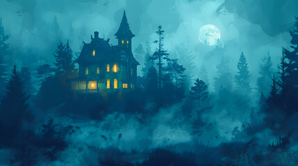 Wall Mural - Digital art of a haunted house in a foggy forest at Halloween.