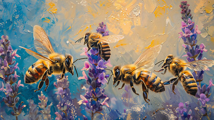 a painting of bees flying over purple flowers.