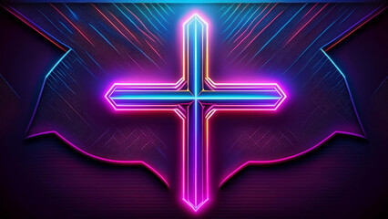 A neon cross in a cyberpunk atmosphere on a dark background exposing the cross. 4K illustration