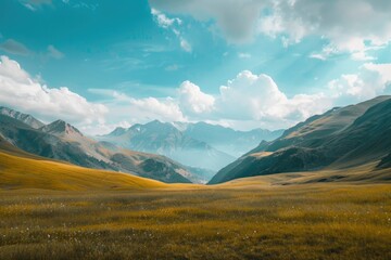 Poster - A serene scene of a lush green grassy field stretching out towards the backdrop of majestic mountains