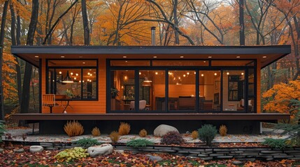 Poster - Modern Cabin in Autumnal Forest