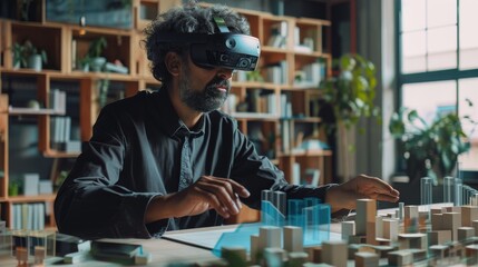 Professional in a modern office, using a futuristic AR interface with a headset for marketing projects