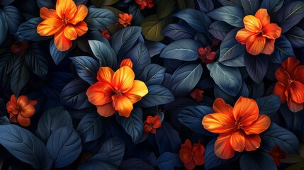 Poster - Orange Flowers Among Dark Green Leaves