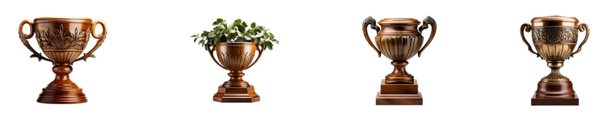 Set, collection of Wooden Trophy isolated on transparent background.