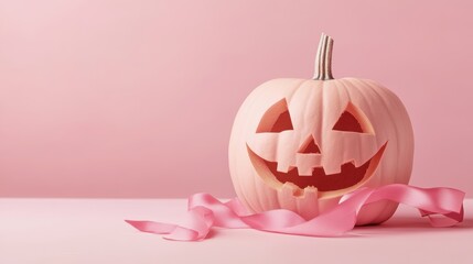 Wall Mural - Cheerful pink halloween pumpkin on pastel background