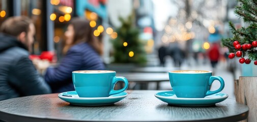 Two turquoise coffee cups on a table, set against a vibrant street backdrop with festive lights and blurred pedestrians.