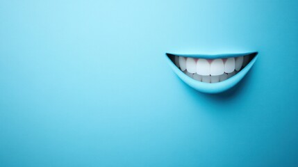 Canvas Print - A smiling mouth with white teeth peeks out of a light blue background.