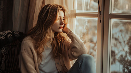 Wall Mural - girl sitting on windowsill at window