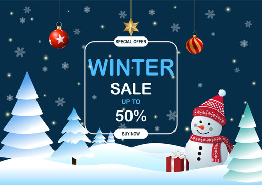 Winter poster super sale merry Christmas snowflakes design. Winter big sale poster advertisement.