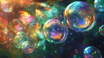 Wall Mural - Abstract underwater view featuring large, radiant bubbles in various colors, set against a vivid anime-style backdrop of shifting hues