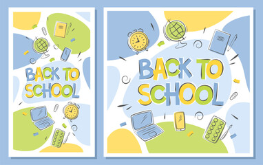  Back to school banner set. Abstract background with hand drawn inscription and stationery supplies. Design poster for sales, for ads. Vector illustration.