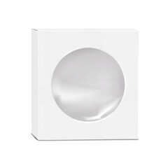 Wall Mural - white thin square paper box with clear plastic round window and tuck-in flap. realistic 3d vector mo