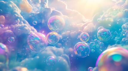 Mystical underwater realm featuring radiant, multicolored bubbles, set against a dreamy, pastel-colored anime background with delicate light reflections