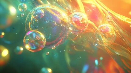 Wall Mural - Abstract underwater scene with large, colorful bubbles slowly rising, paired with a dynamic Japanese animation backdrop of swirling colors and light