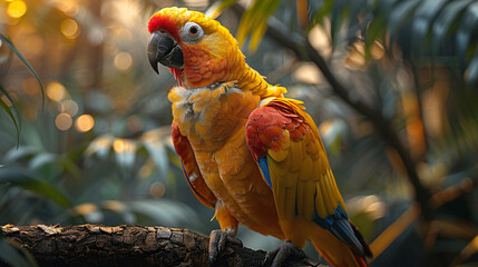 a brightly colored parrot with red, blue, and yellow feathers.