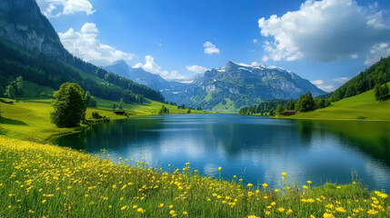 Canvas Print - A beautiful lake surrounded by mountains and a lush green field