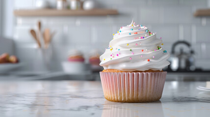 Wall Mural - Colorful Cupcake with Sprinkles on Marble Countertop