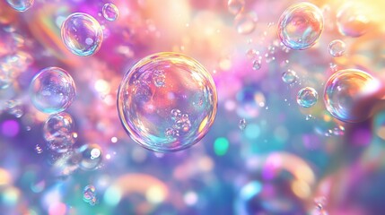 Wall Mural - Abstract underwater scene with large, radiant bubbles in every color, surrounded by a dynamic anime-style background of swirling light and color gradients