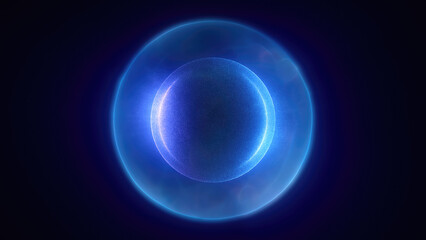 Wall Mural - abstract blue bright glowing background with a sphere core atom energy burning ball circle made of w
