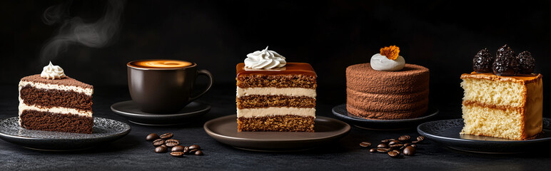 Food photography aerial view coffee Pieces of cake, food presentation cup beverage plate restaurant background, café vibes concept.