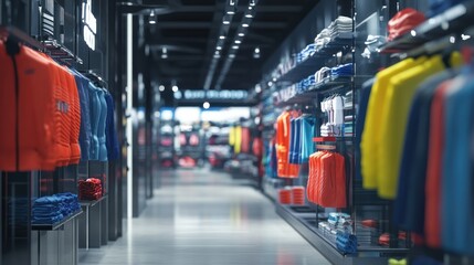 A clothing store with a bright and colorful display of shirts and jackets