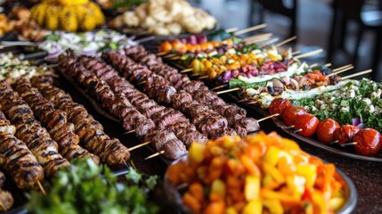 Wall Mural - A variety of kebabs laid out on a table, with different types of meat and vegetables, showcasing the diversity of flavors and ingredients.