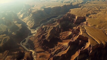 Aerial view of the Grand Canyon, showcasing the intricate patterns of the rock formations, with the deep gorges and winding river creating a dramatic landscape.